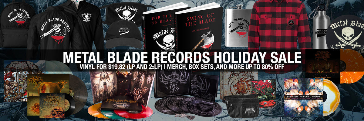 Metal Blade Records holiday sale banner with merchandise and promotional text.