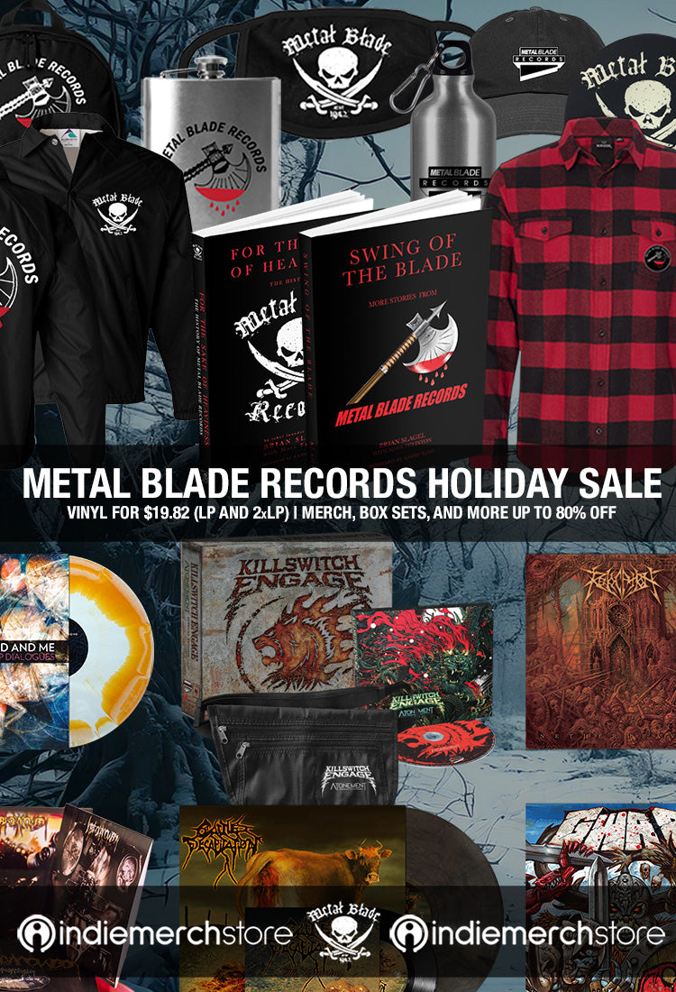 Metal Blade Records merchandise and vinyls with promotional text on a blue background