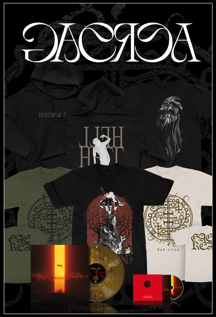 Collection of Gaerea t-shirts and vinyl records with graphic designs and text on a black background.