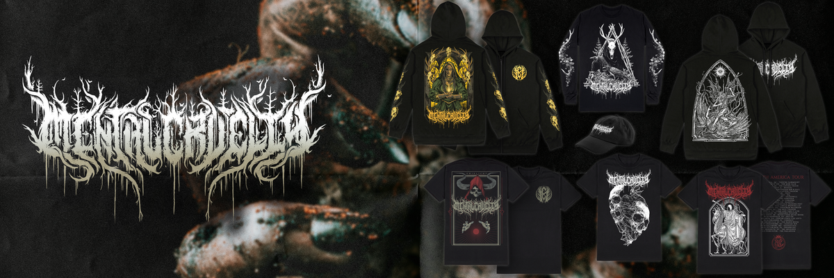 Collection of hoodies and t-shirts with intricate designs and 'Mental Cruelty' branding.