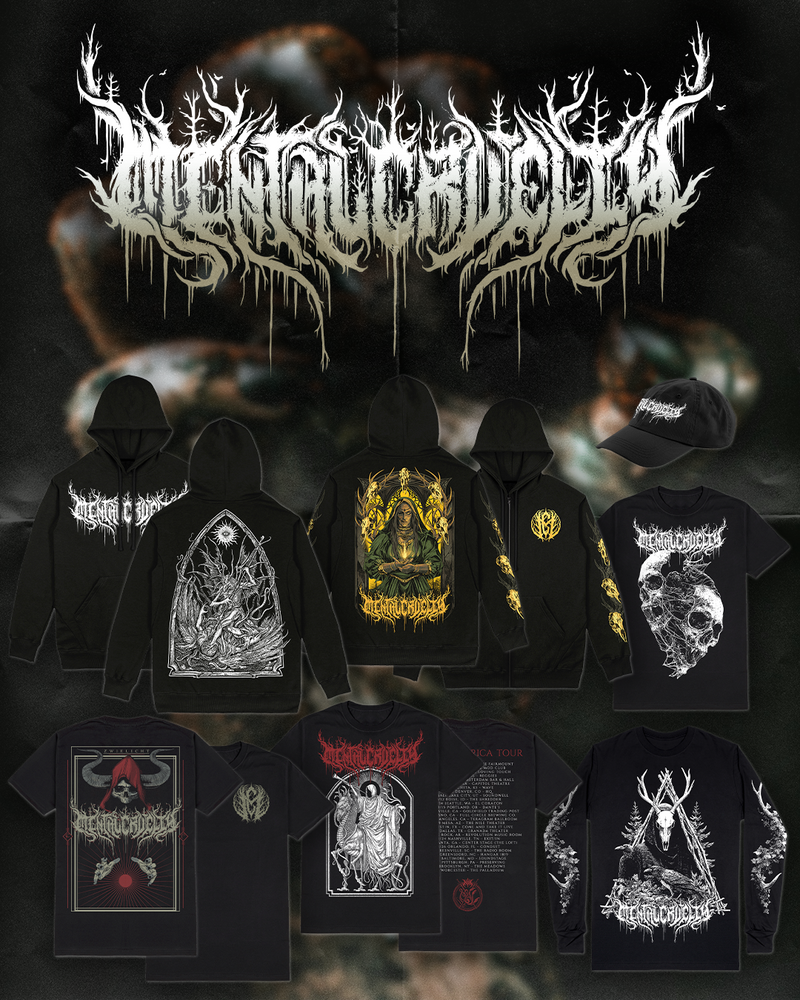 Collection of black merchandise with intricate designs and 'Mental Cruelty' text on a dark background.