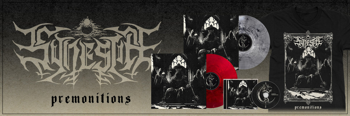 Music album covers and promotional materials for a band on a dark background